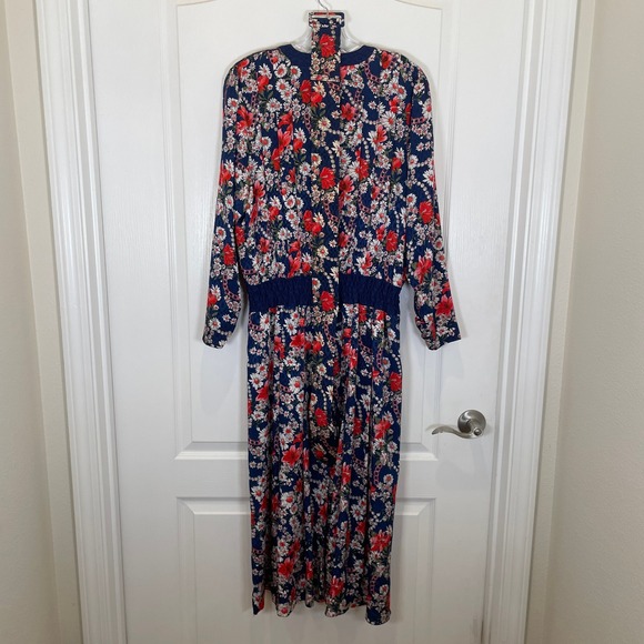 Diane Freis Vintage 80's Dress Navy Floral Long Sleeve Midi Retro Belted M / L - Picture 5 of 5